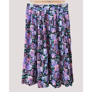 Vintage Floral Paisley Purple Midi Skirt Size 10 Elastic Waist 100% Rayon Boho